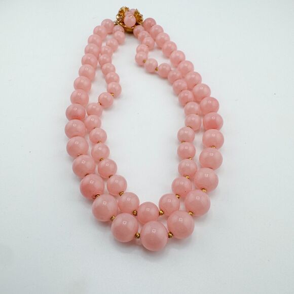 Vintage Pink Lucite Bead Necklace – Double Strand Retro Bubblegum Glam Barbie - Picture 4 of 11